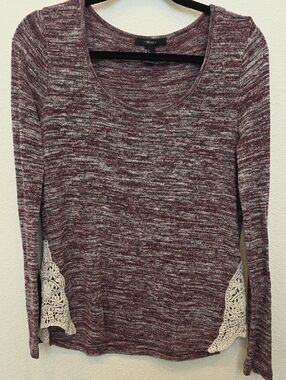 Forever 21 Marled Burgundy Knit Long Sleeve Top with Cream Crochet Side Panels